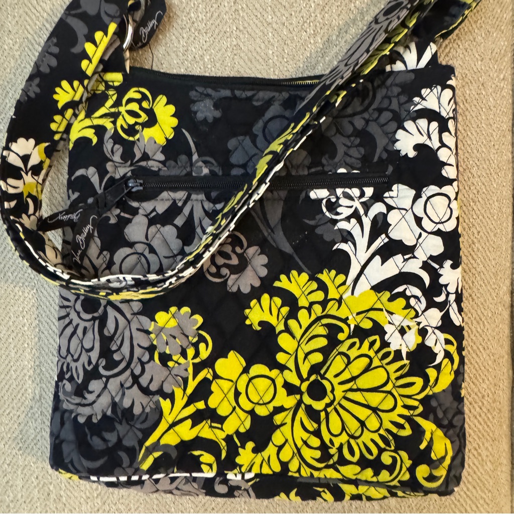 Floral Pattern Shoulder Bag Purse Adj Strap Pocket 11x12 Black White Lime Green